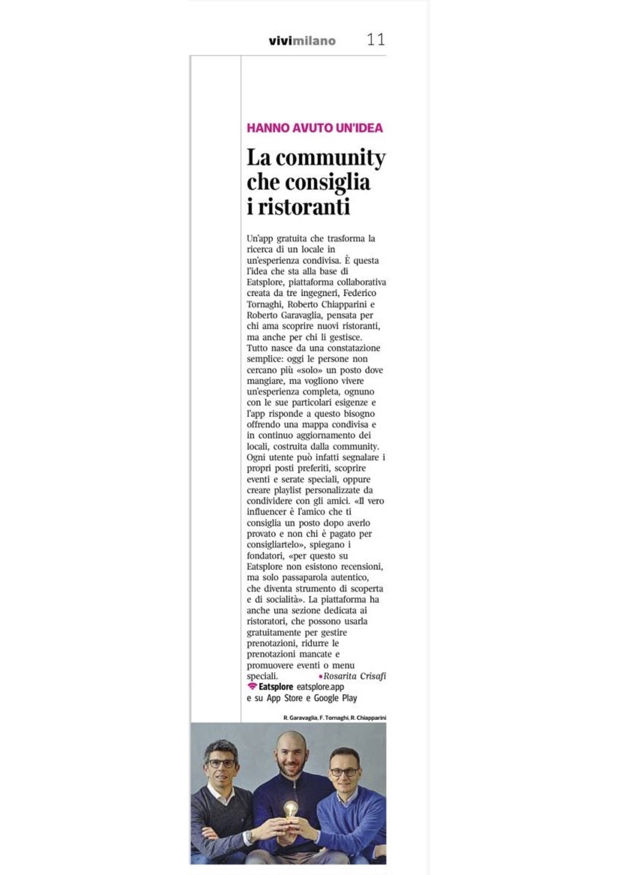 Ritaglio di giornale con l'articolo